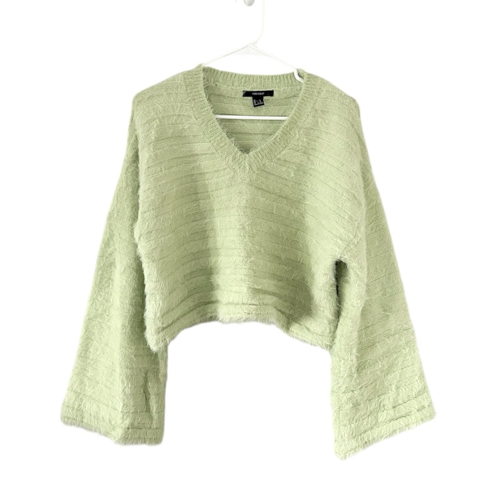 Forever‎ 21 Light Green Fuzzy Crop Bell Sleeve Sweater